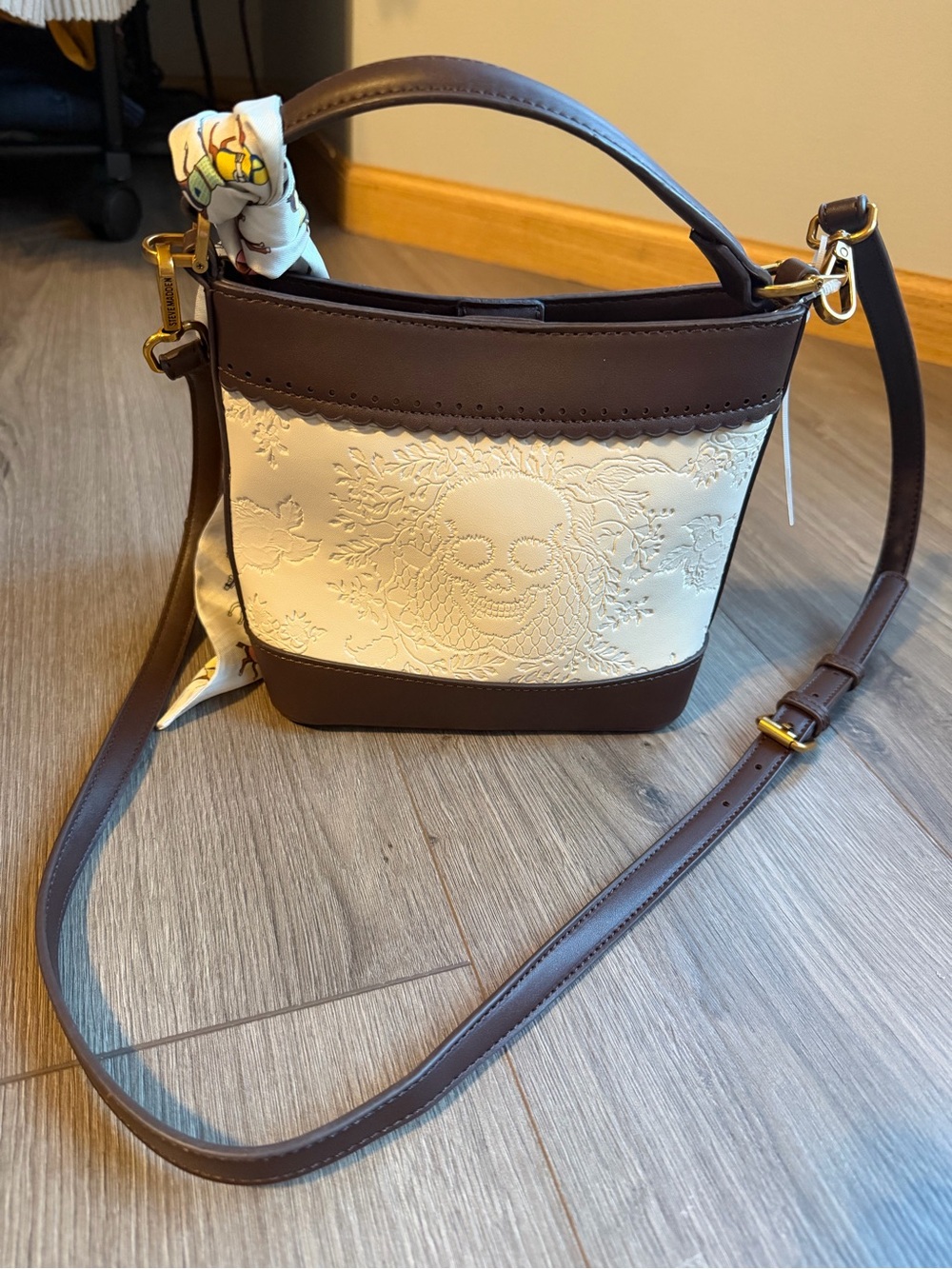 Betsey Johnson Skull Bucket Bag in Cream and Brown